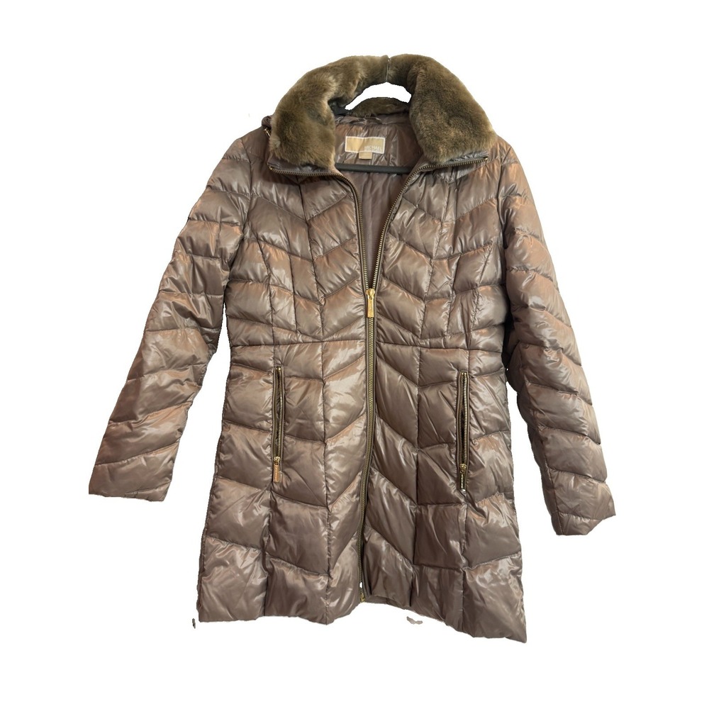 Michael Kors Taupe Chevron Down Puffer Jacket Faux Fur Collar Gold Zip Women M